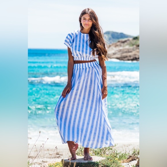 Les Canediers Dresses & Skirts - Les Canediers Sariette - Blue & White Stripe Shirt and Skirt Set - Size 6